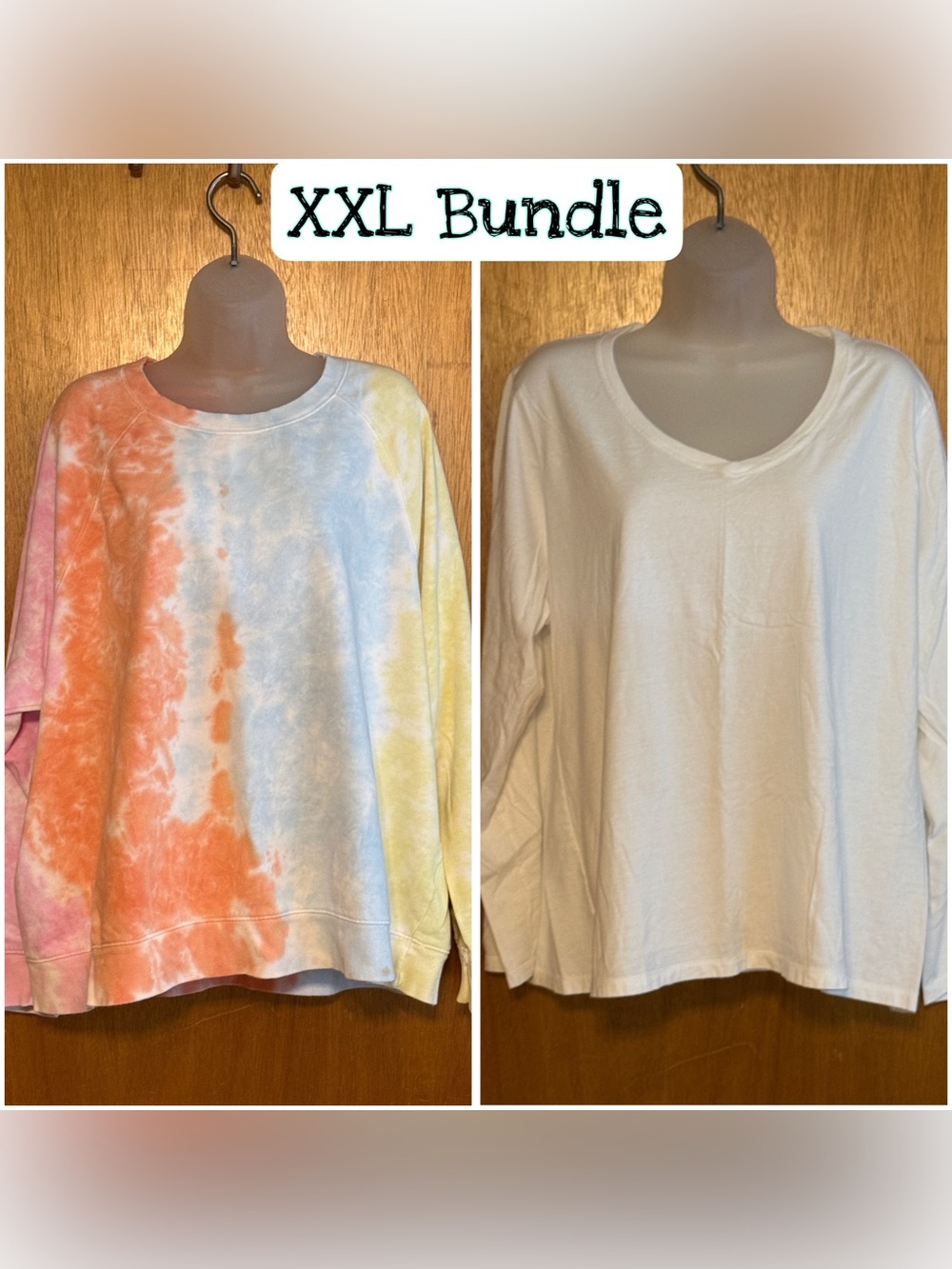 XXL Bundle Tye Dye Sweatshirt & White V-neck Long Sleeve Top Like New